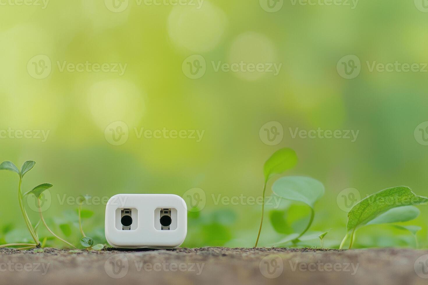 Single Unplugged Socket on Nature Background with Green Leaves Surrounding It photo