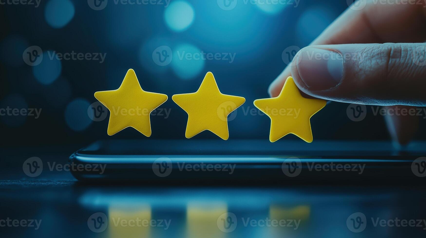 Hand Interacting with Five Star Review System on Smartphone Interface in Vibrant Digital Setting photo