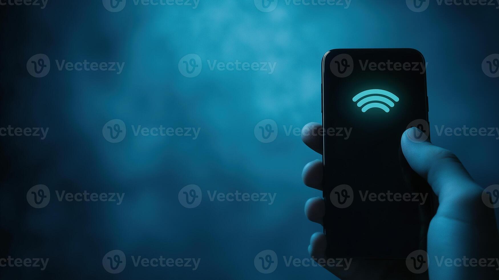 Hand Holding Smartphone with Incoming Call Icon in Dark Blue Atmosphere for Tech and Communication Themes photo