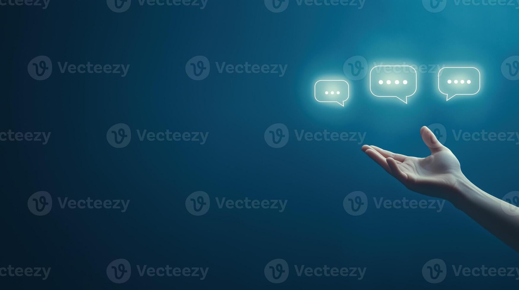 Hand Reaching Out to Digital Chat Icons Symbolizing Support from AI and Technology Innovation photo