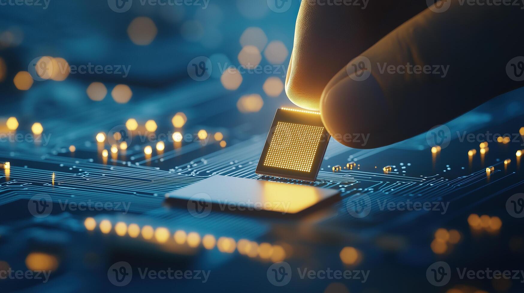 Hand Placing Microchip onto Circuit Board Technology with Bright Lighting and Detailed Background Elements photo