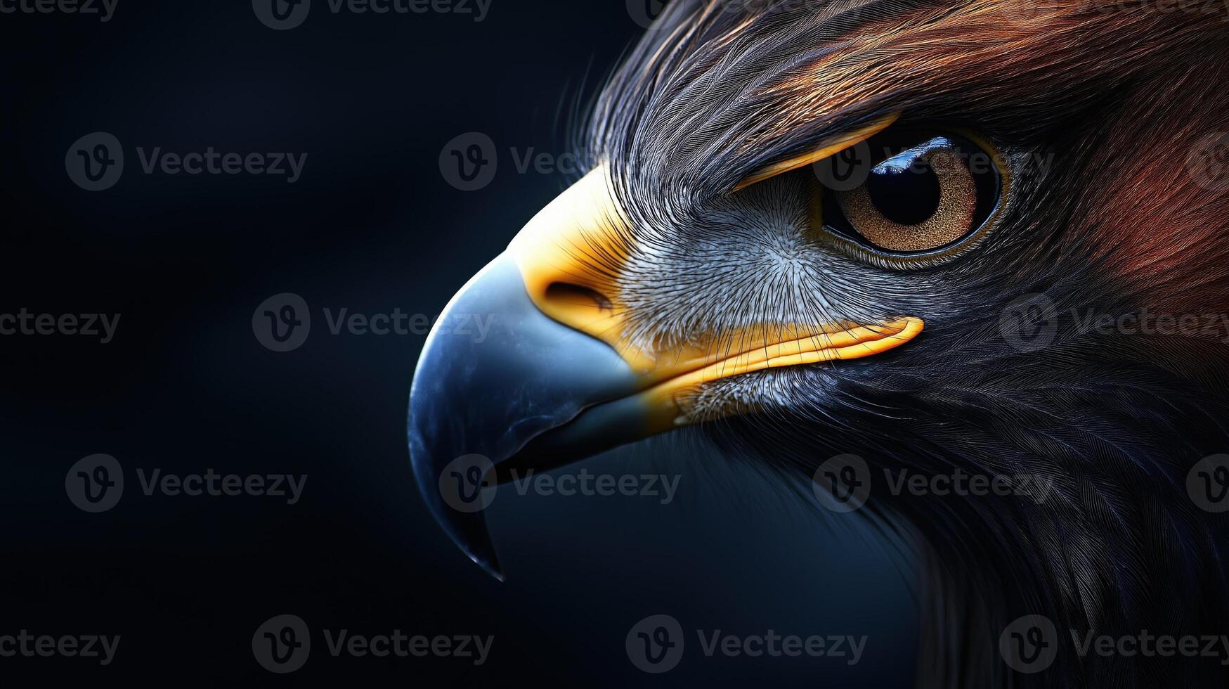 Majestic Golden Eagle Close-Up with Intense Gaze and Detailed Feather Texture in Dark Background photo