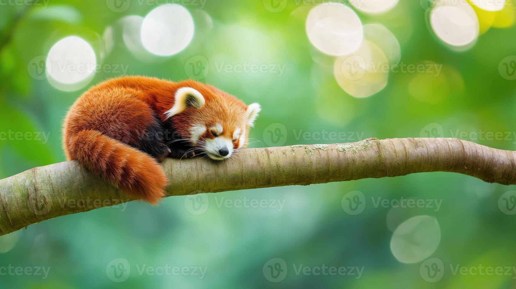 Adorable red panda resting peacefully on a tree branch surrounded by lush green foliage photo