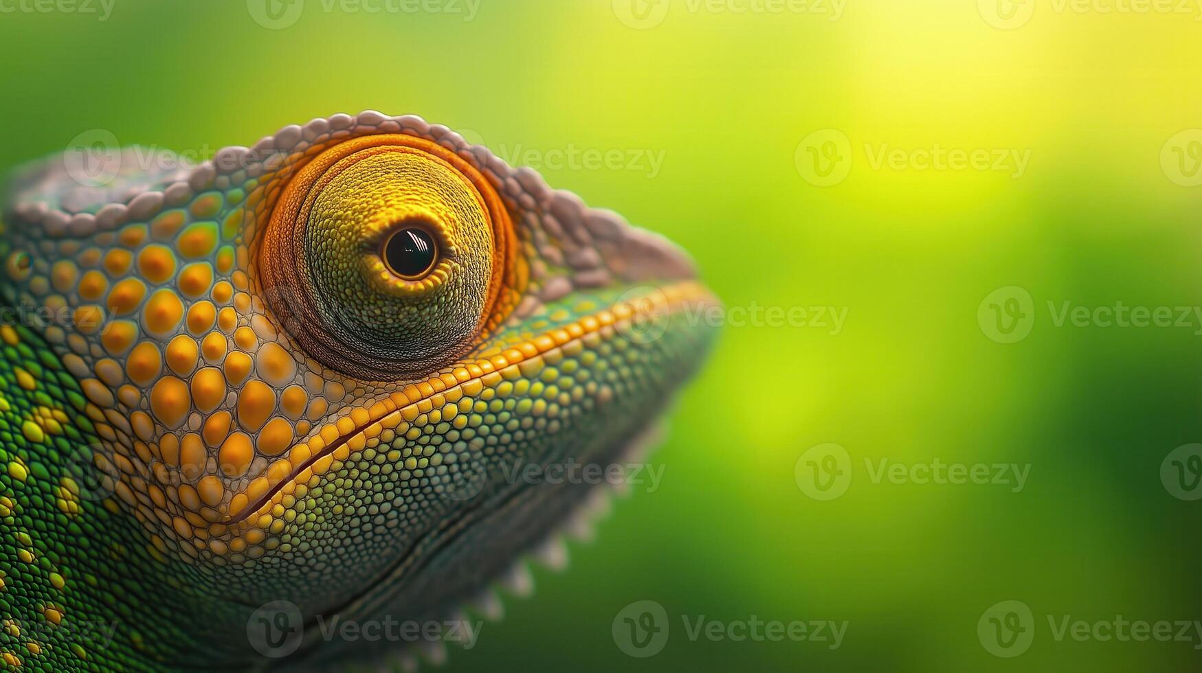 Close-up of Vibrant Chameleon on Green Background Capturing Its Unique Colors and Textures photo