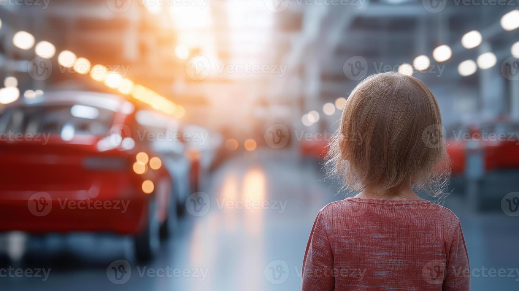 Child Observing Futuristic Robotic Technology in Automotive Assembly Line Environment photo