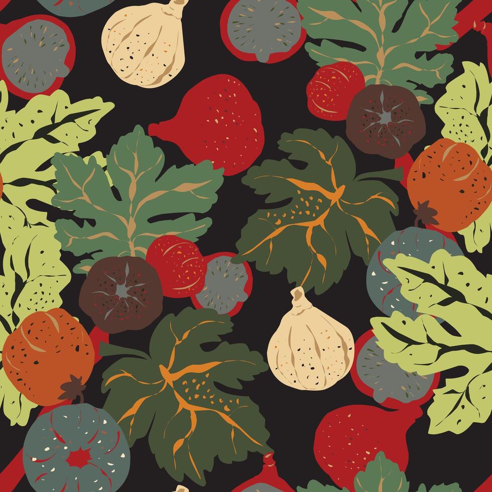 a pattern with fruits and vegetables on black background vector