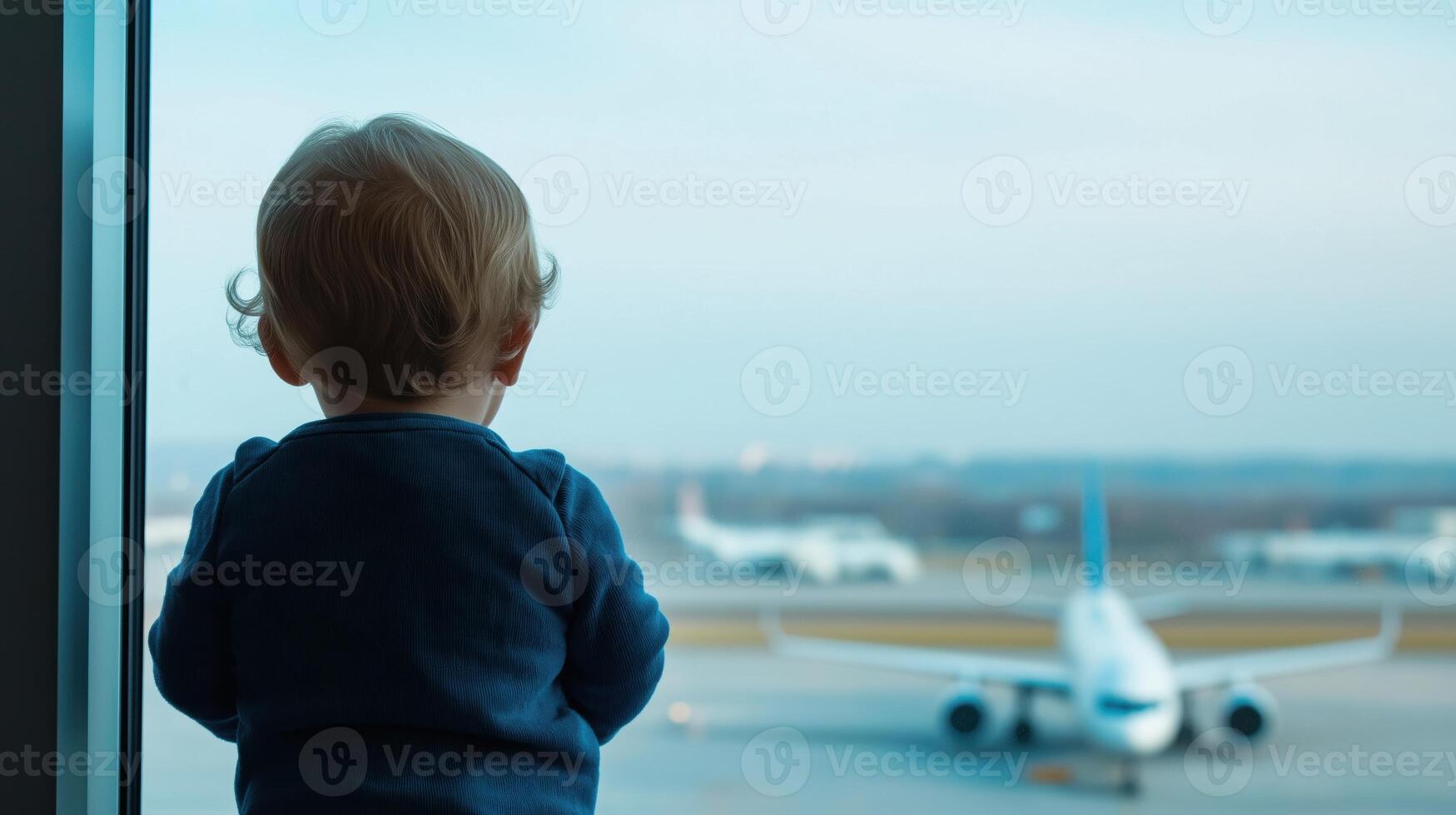 Child Observing Futuristic Airport with Autonomous Planes and Advanced Technology photo