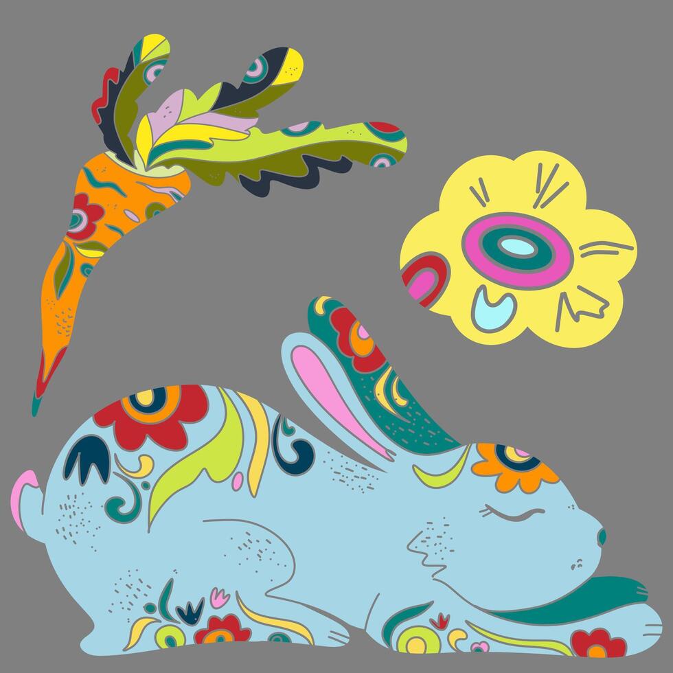 a colorful rabbit and bird are on a gray background vector