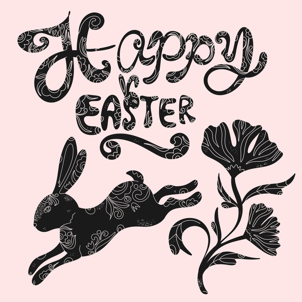 easter card with black rabbit and flowers vector