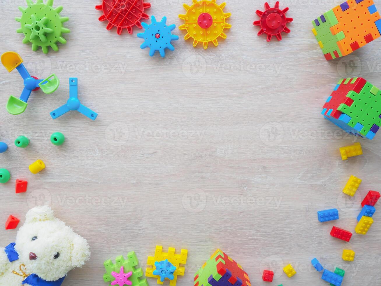 Baby kids toys frame on background, Toy many colorful educational wooden. play, Top view, executive function, kid, skill, education, intelligence quotient, emotional quotient, childhood, development. photo