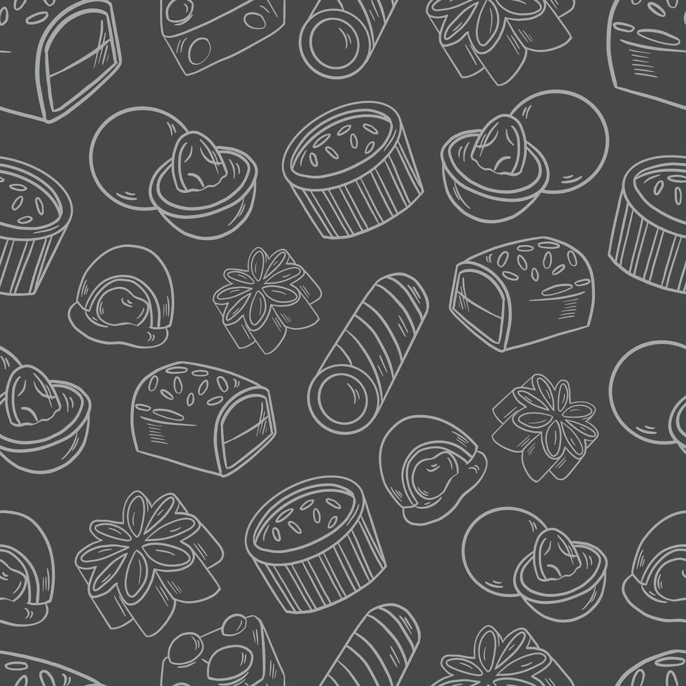 stylized seamless white pattern background of sweets cookies marmalade pastries and cupcakes on a gray vector