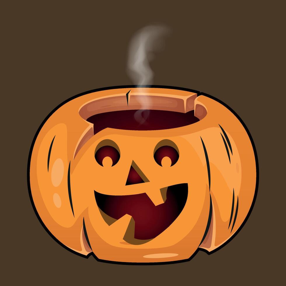 funny halloween pumpkin with a carved smile from which steam comes out isolated on a dark background vector