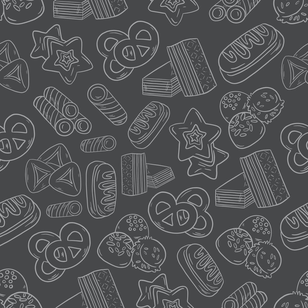 gray seamless pattern background of sweets cookies and candies white color vector