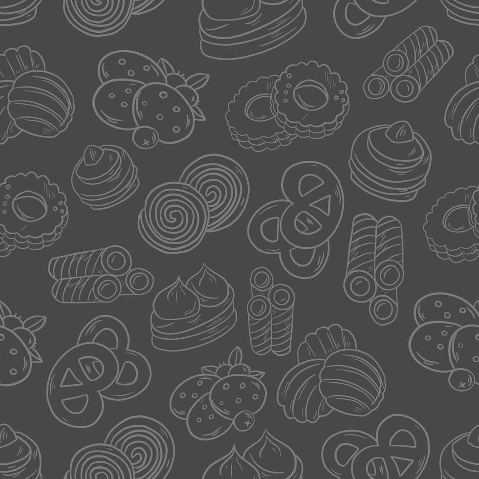 stylized seamless white pattern background of sweets cookies on a gray background vector