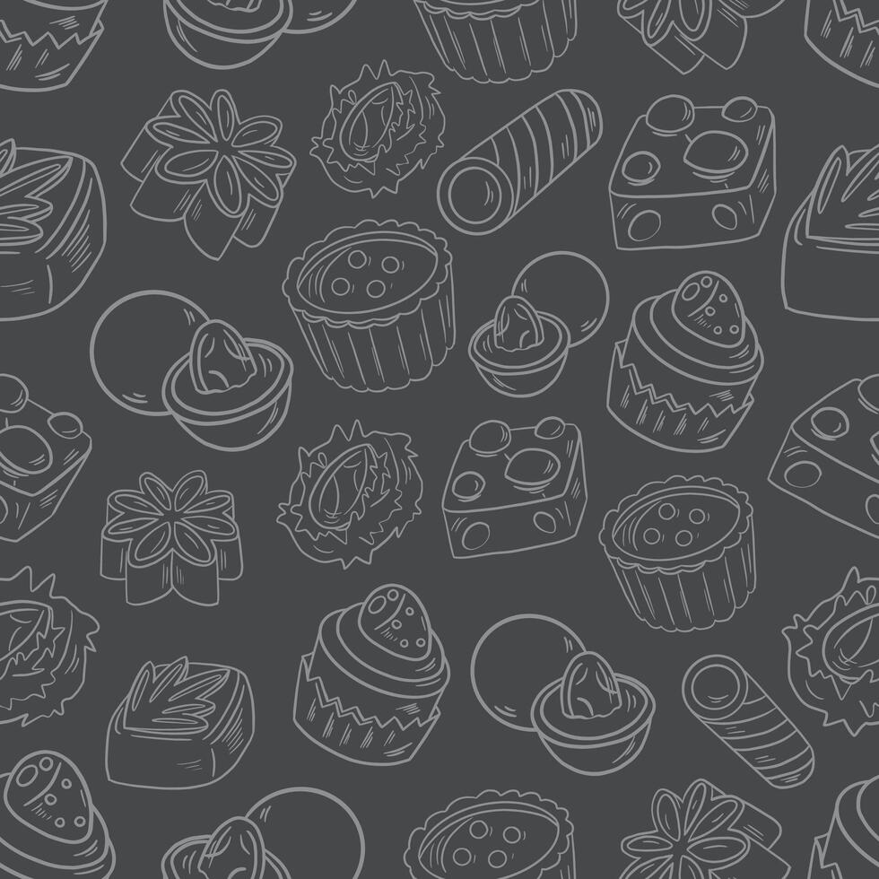 stylized seamless white pattern background of sweets cookies chocolates pastries and cupcakes on a gray vector