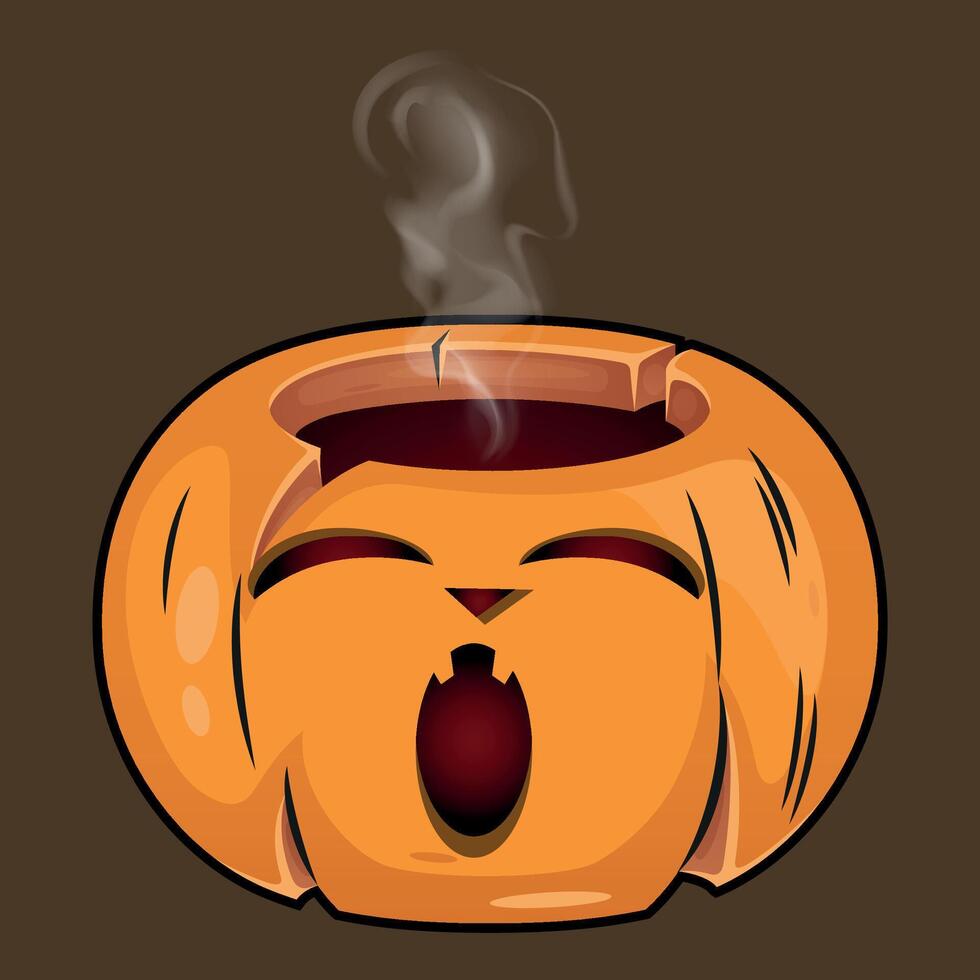 stylized funny halloween pumpkin with a carved smile from which steam comes out isolated on a brown background vector