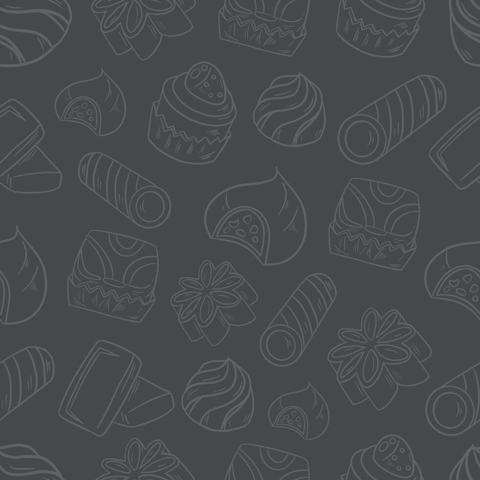 stylized seamless white pattern background of sweets cookies chocolates pastries and cupcakes on a gray background vector