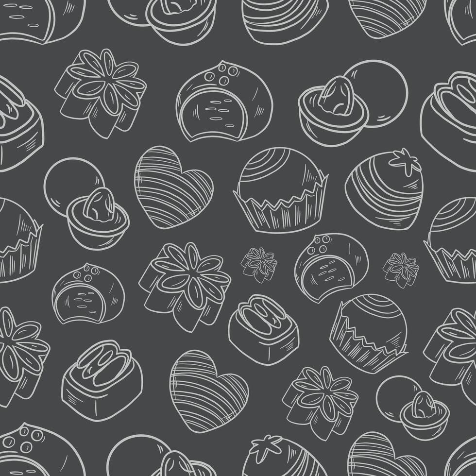 seamless white pattern background of sweets cookies pastries and cupcakes on a gray background vector