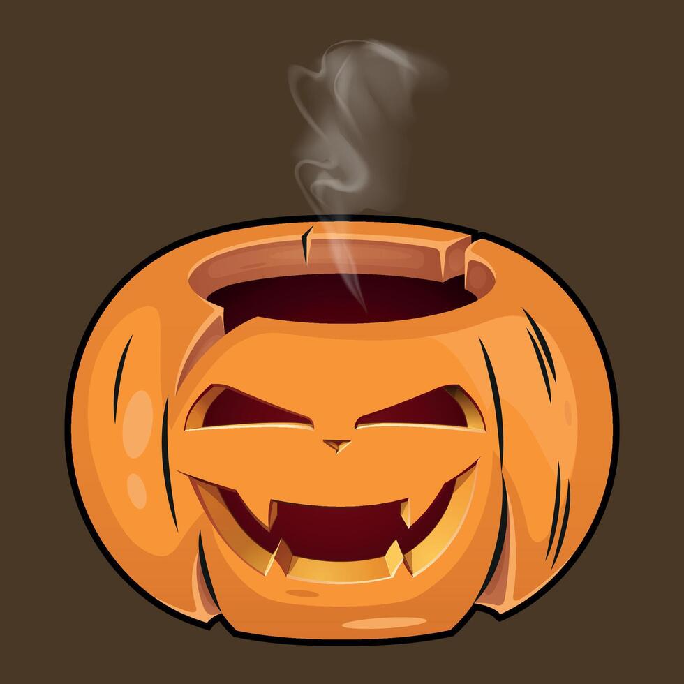 stylized colorful funny halloween pumpkin with a carved smile from which steam comes out on a dark background vector