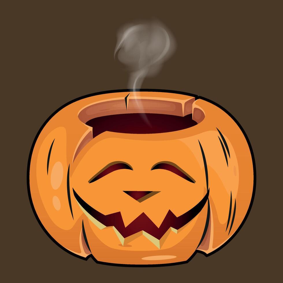 colorful funny halloween pumpkin with a carved smile from which steam comes out isolated on a dark background vector