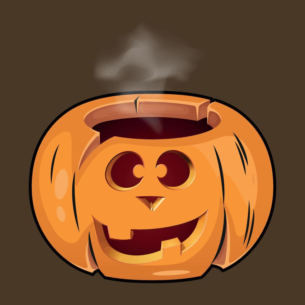 stylized funny halloween pumpkin with a carved smile from which steam comes out isolated on a dark background vector