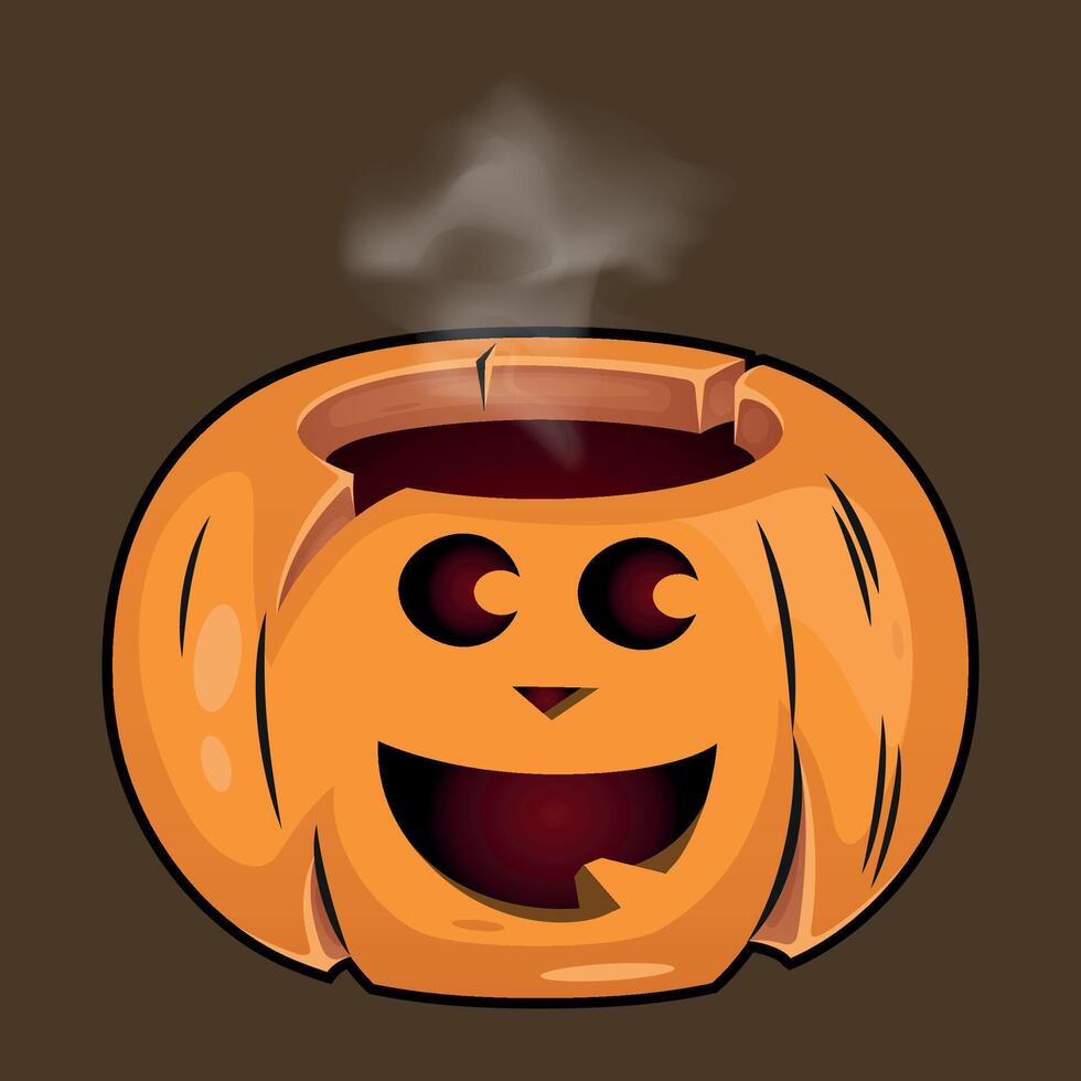 stylized colorful funny halloween pumpkin with a carved smile from which steam comes out isolated on a dark background vector