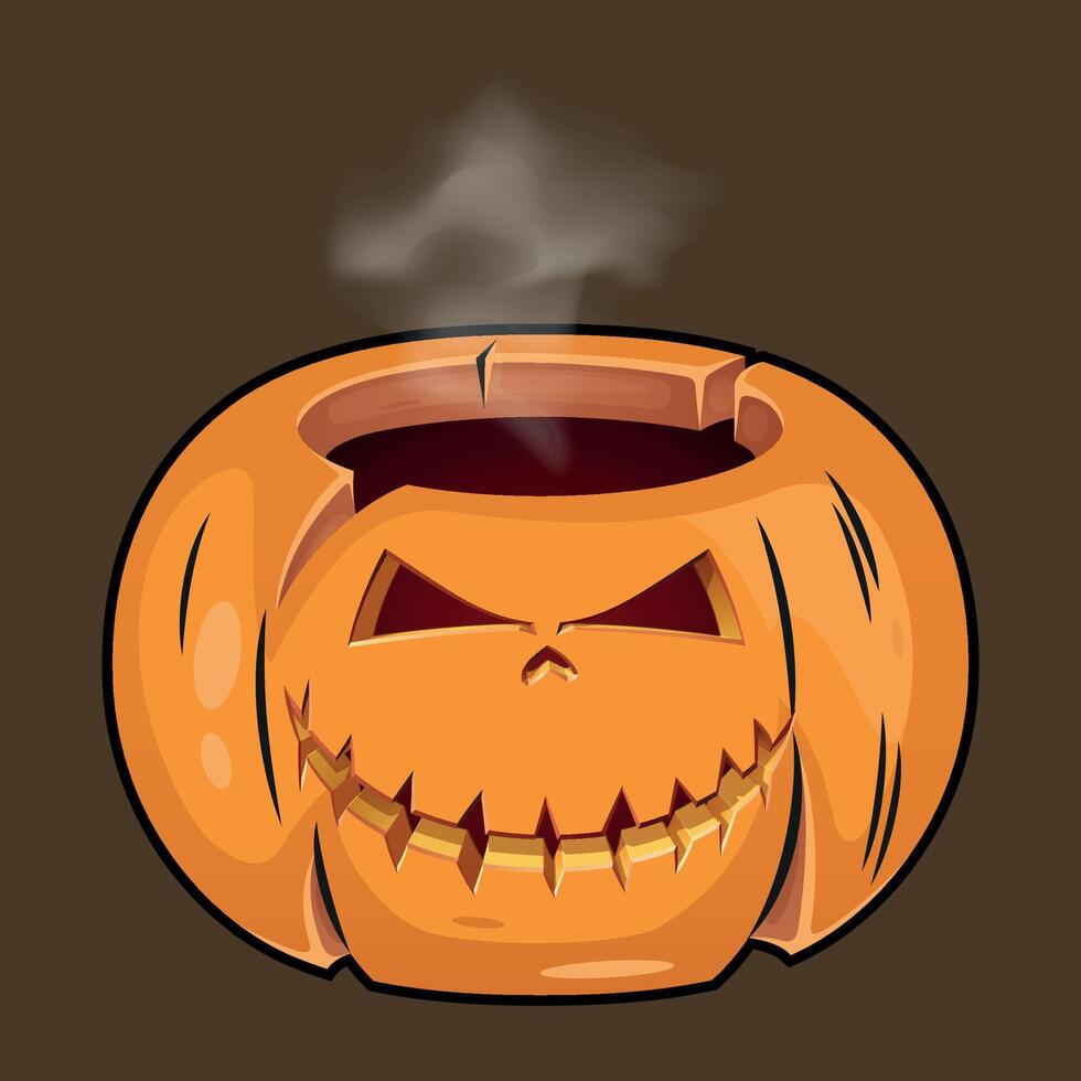 stylized colorful sinister halloween pumpkin with a carved smile from which steam comes out vector
