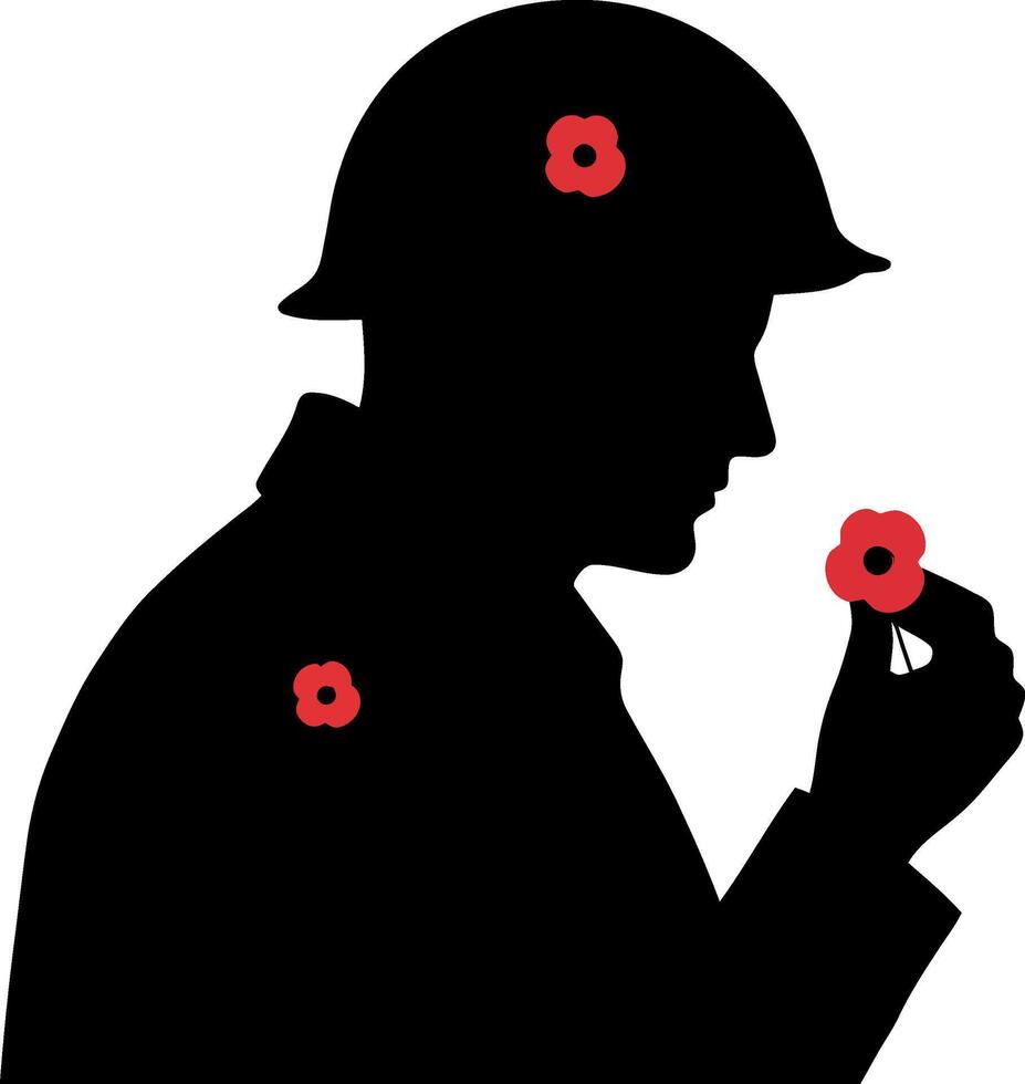 Soldier silhouette holding remembrance poppy with additional poppies on helmet and uniform illustration vector