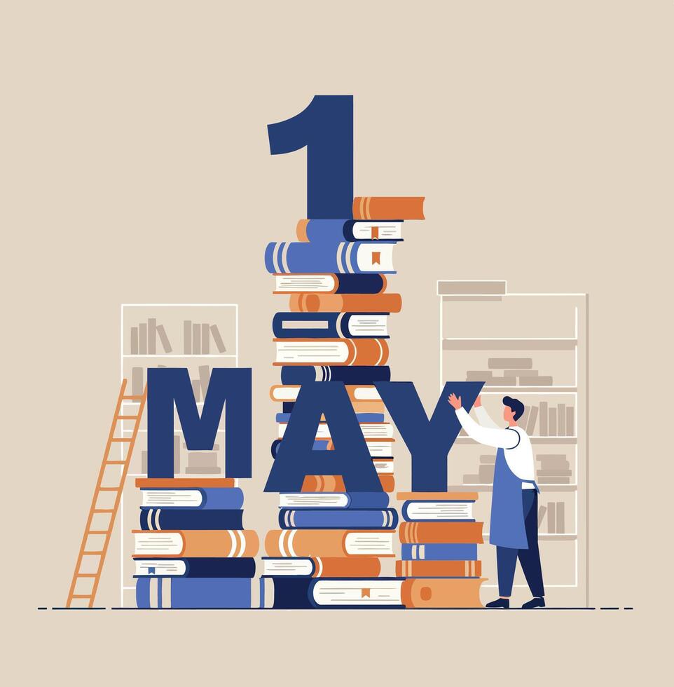 1 May Workers Day stacked books and man in library celebrating labor holiday illustration vector