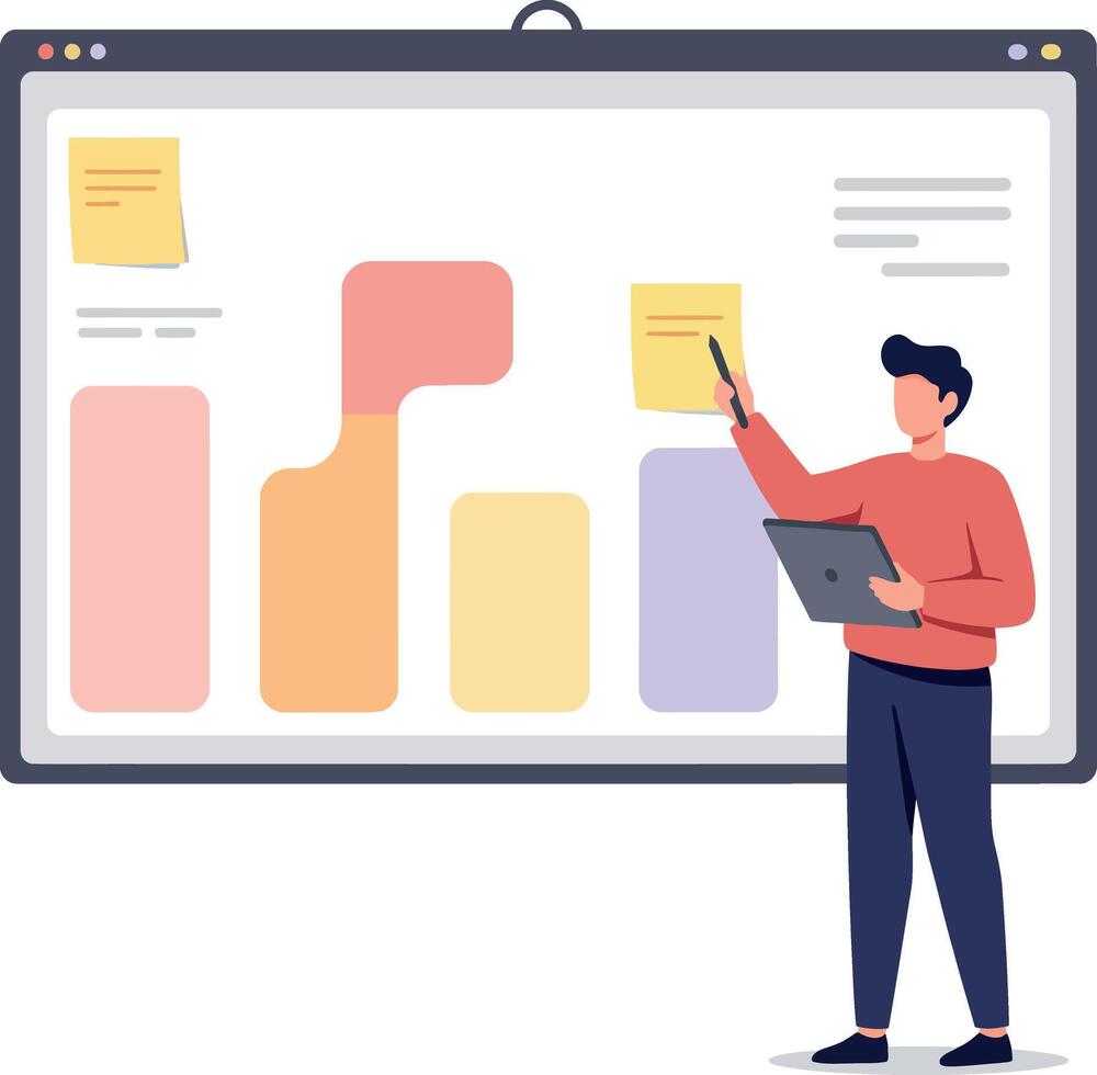 Man presenting colorful bar chart data on large screen with tablet in hand flat design illustration vector