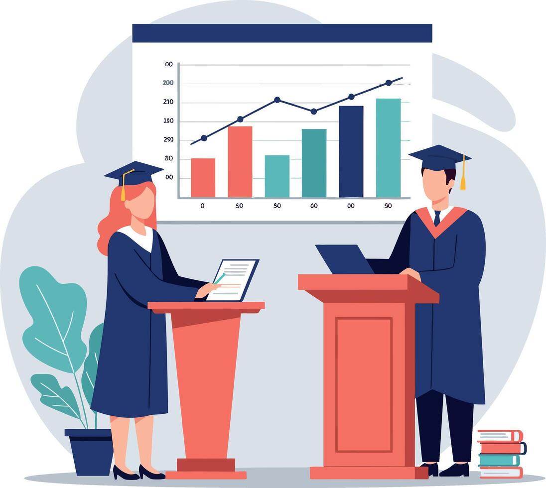 Two graduates in academic gowns presenting bar chart data on stage with podiums in flat style illustration vector