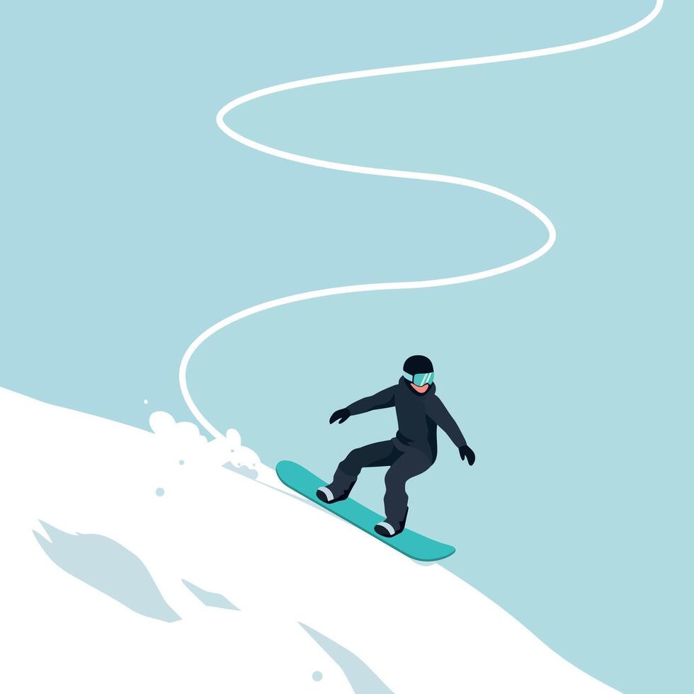 Snowboarder in black gear descending snowy slope with curved trail flat minimal illustration vector