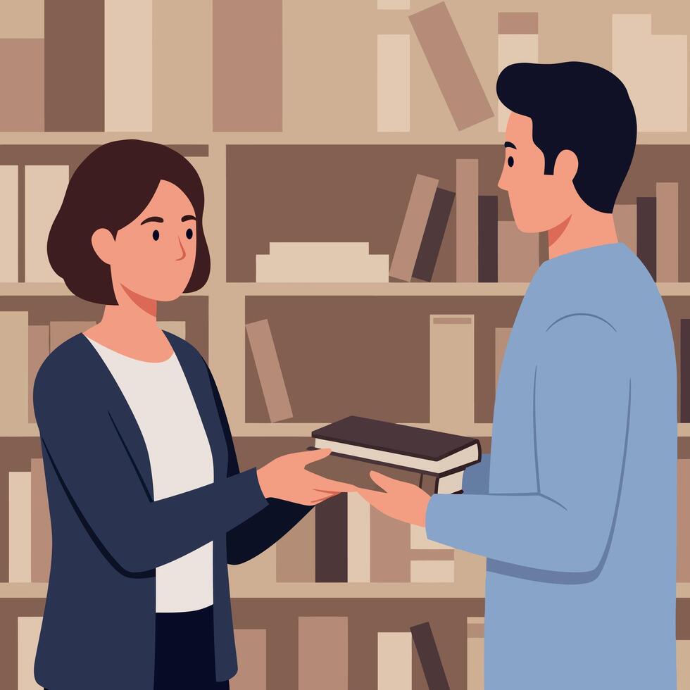 Two people exchanging book in library with brown shelves and casual clothing illustration vector