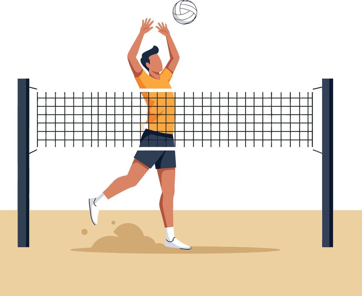 Male volleyball player jumping to block ball flat design minimal illustration vector