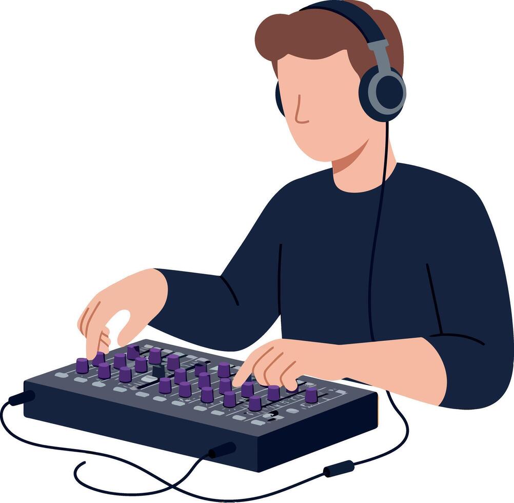 Young male DJ adjusting sound mixer controls wearing headphones in flat minimal art vector