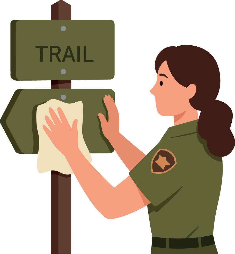 Park ranger cleaning trail signpost maintaining outdoor hiking path in green uniform illustration vector