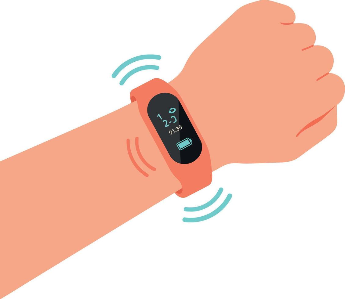 Smart fitness tracker watch on wrist with digital screen flat design wearable technology illustration vector