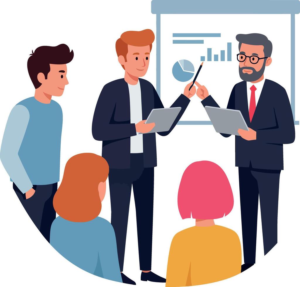 Business team in formal and casual attire discussing charts and data during presentation flat design illustration vector