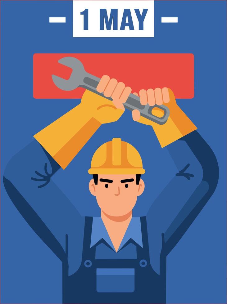 Worker holding wrench for Labor Day 1 May celebration illustration with blue and orange colors vector