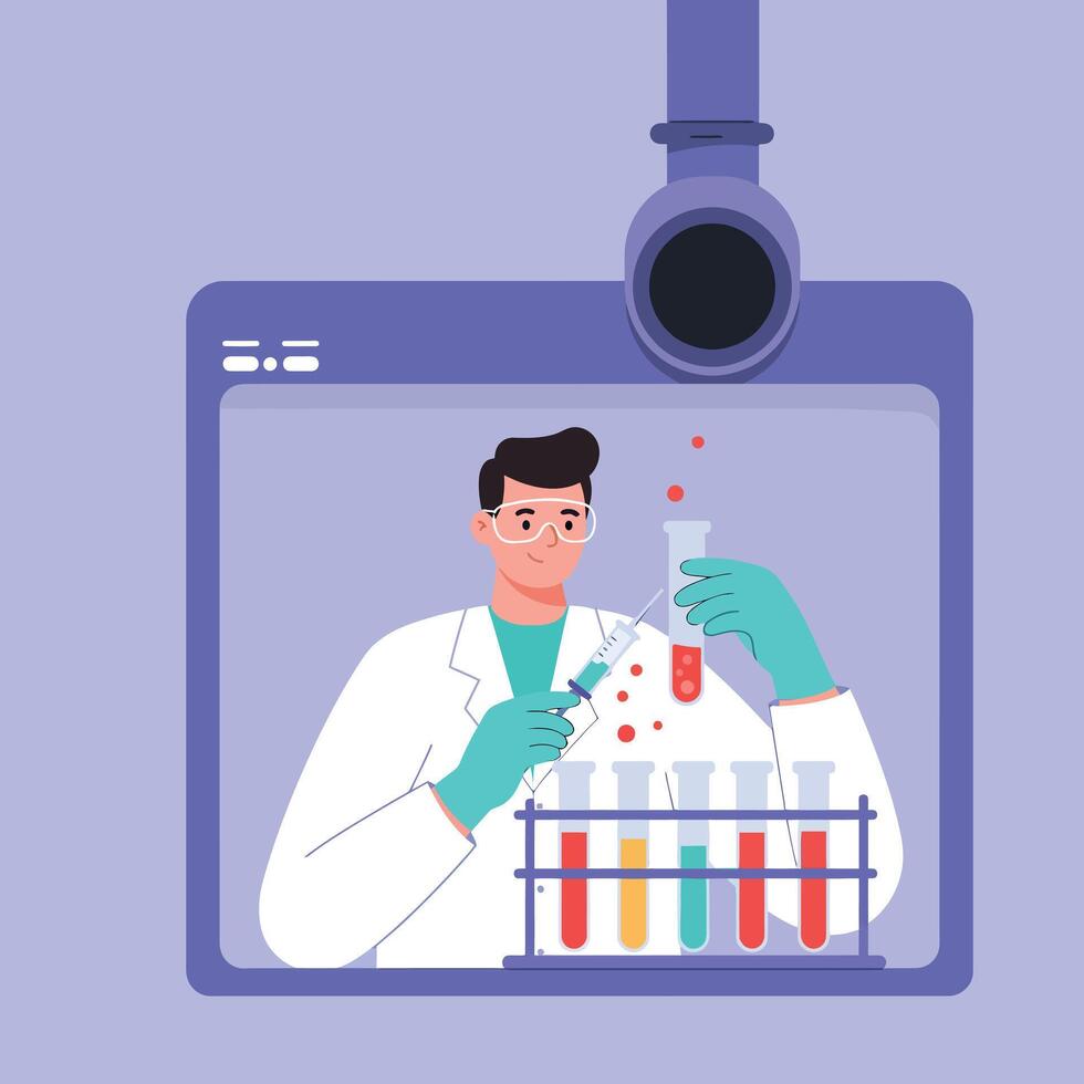 Scientist conducting chemical experiment with colorful liquids in laboratory illustration vector