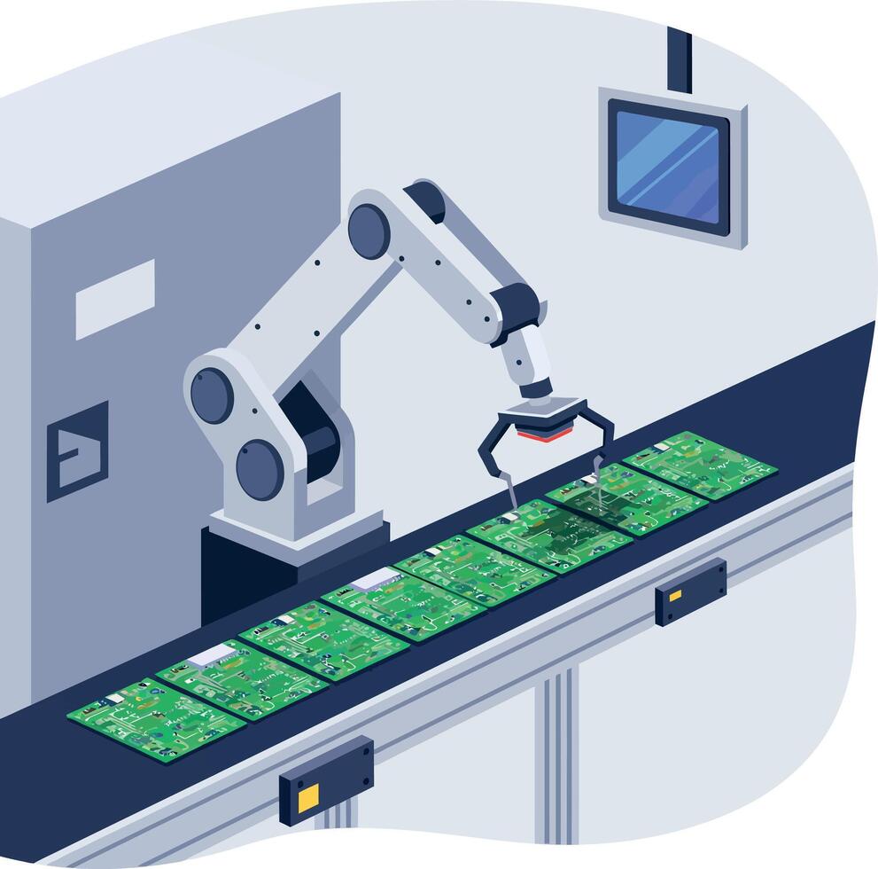 Industrial robotic arm assembling green printed circuit boards on conveyor belt in flat art vector