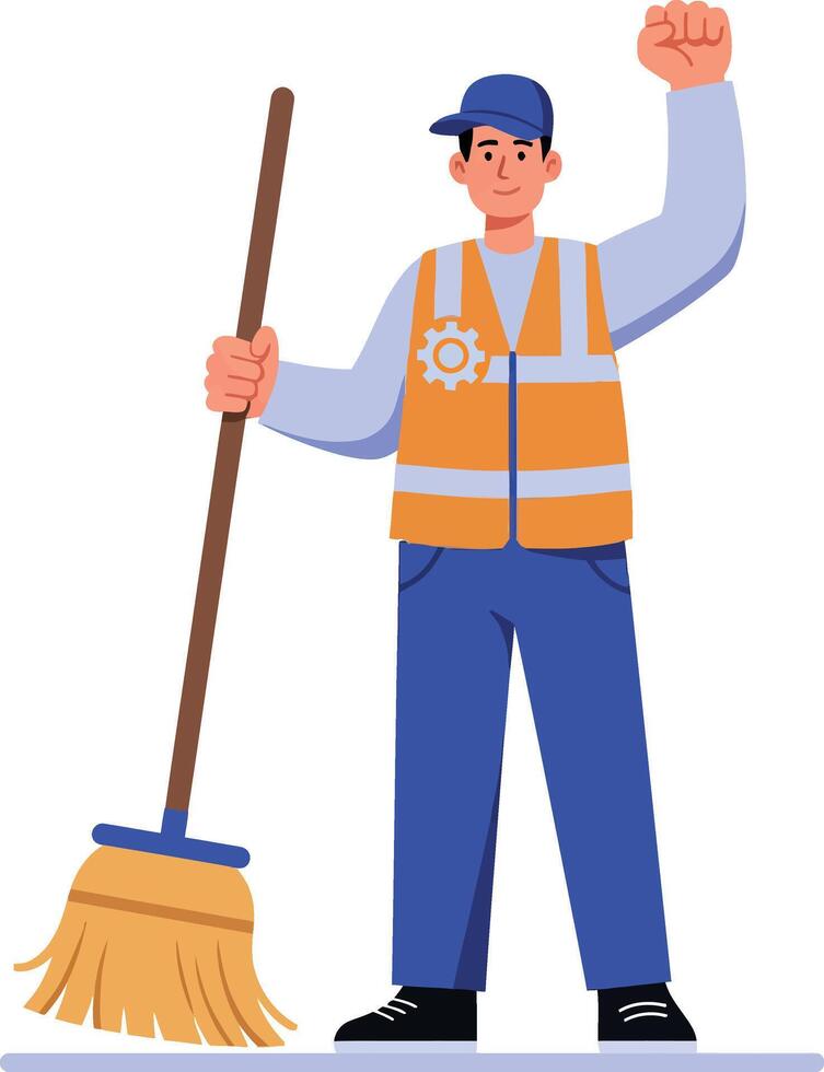 Male janitor in orange vest holding broom and raising fist illustration vector