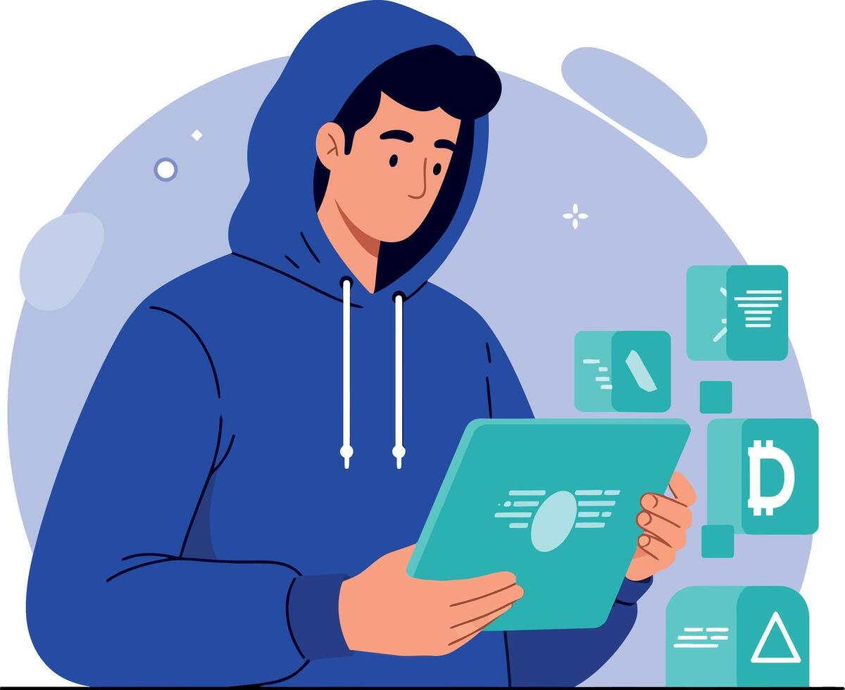 Young man wearing blue hoodie using digital tablet with floating icons flat design illustration vector