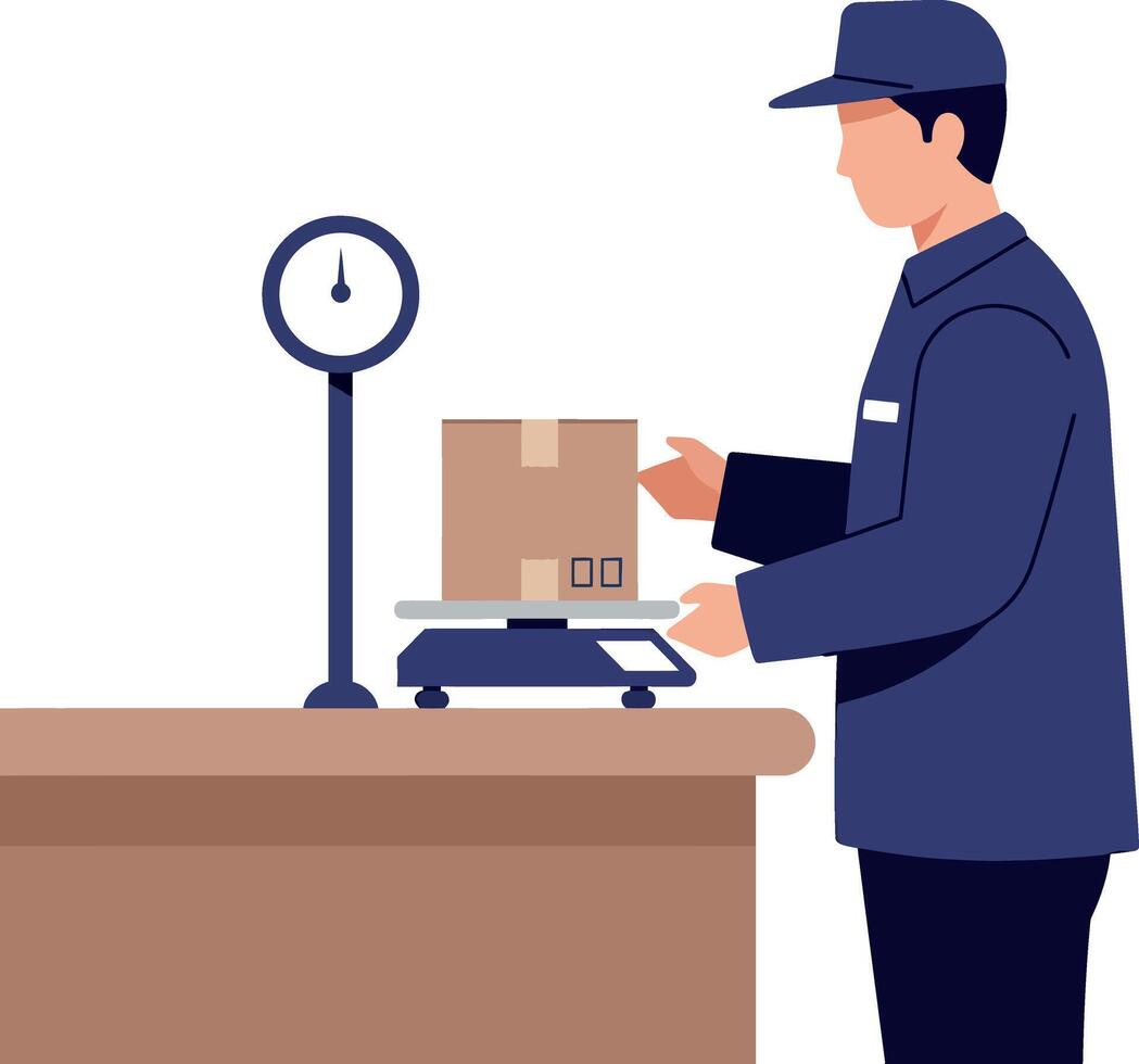Delivery worker weighing cardboard package on scale in warehouse illustration vector