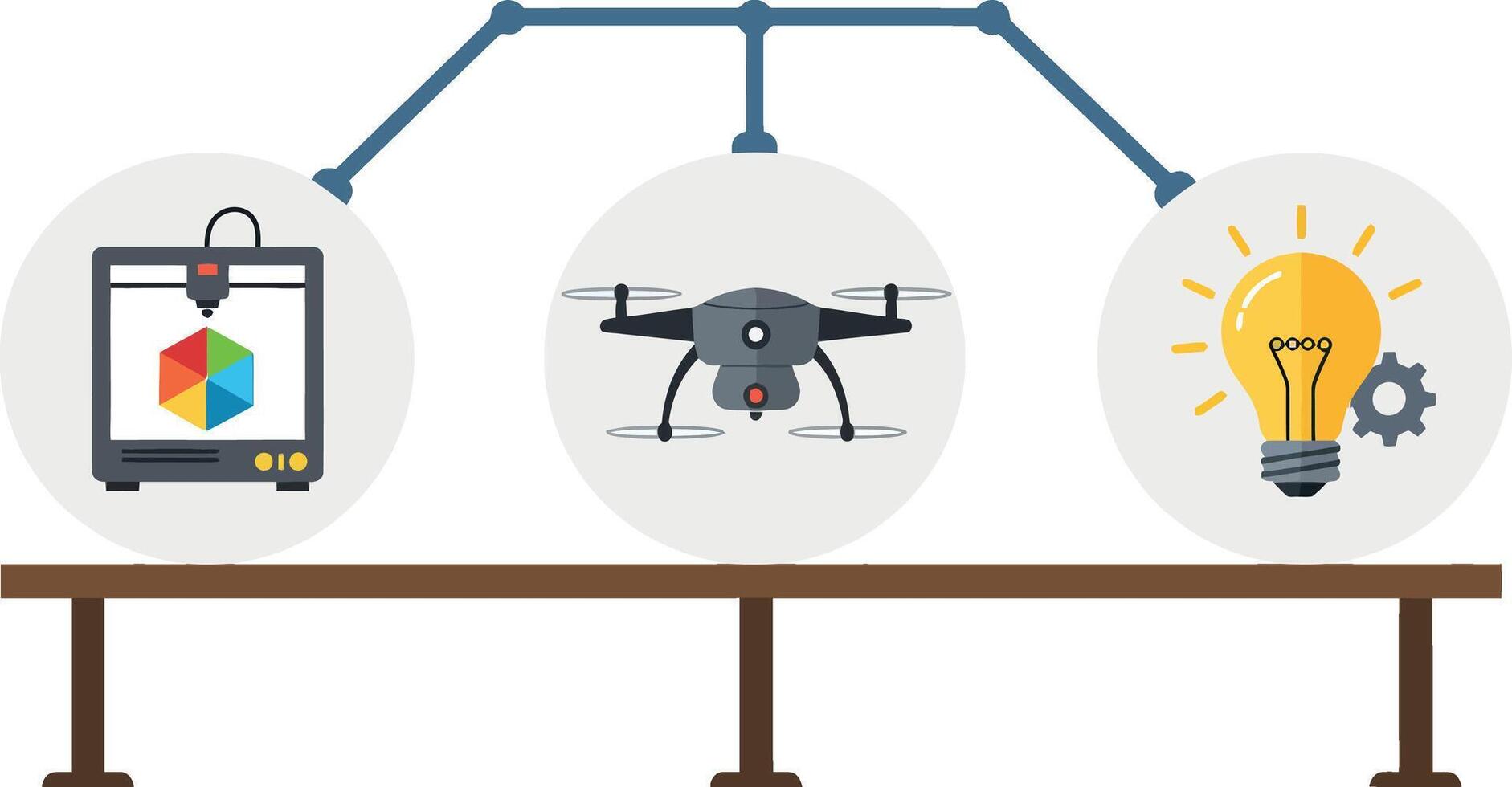 Modern technology concept with 3d printer drone and lightbulb in flat design illustration vector