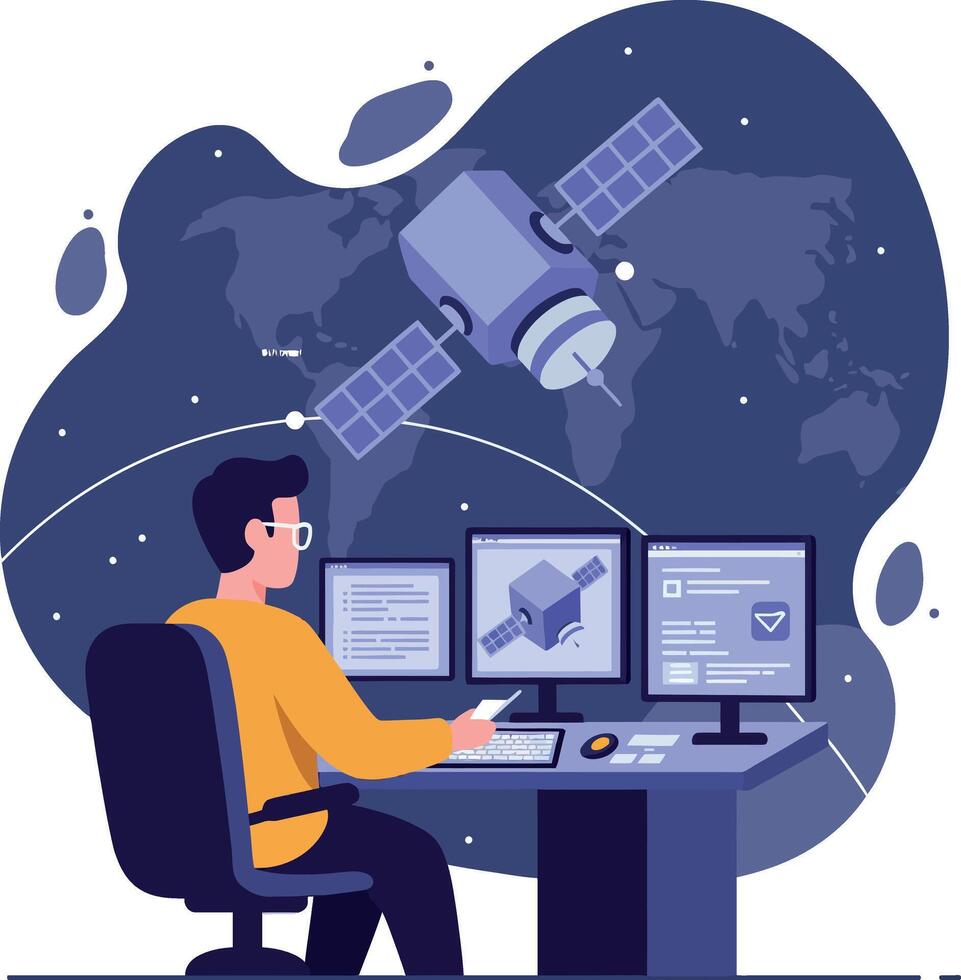 Man monitoring satellite data in modern control room with digital screens flat design illustration vector