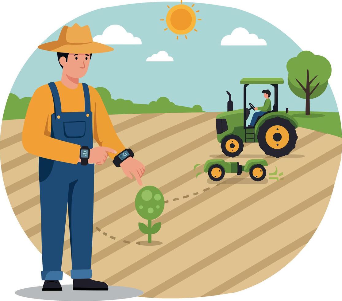 Farmer in straw hat using smartwatch on sunny field with tractor and small plant flat design illustration vector