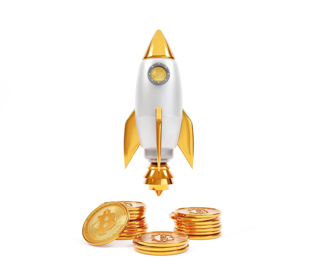 Bitcoin coins stacked with Rocket launch isolated on white background, Cryptocurrency concept. 3d rendering photo