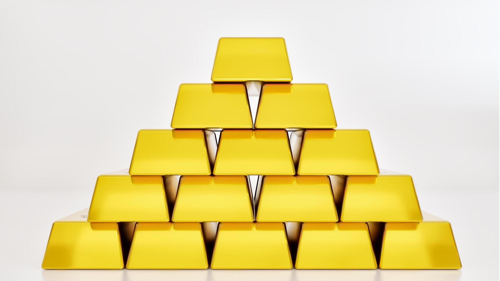 Empty gold bullion stacked into layered white background with 3D rendering. photo