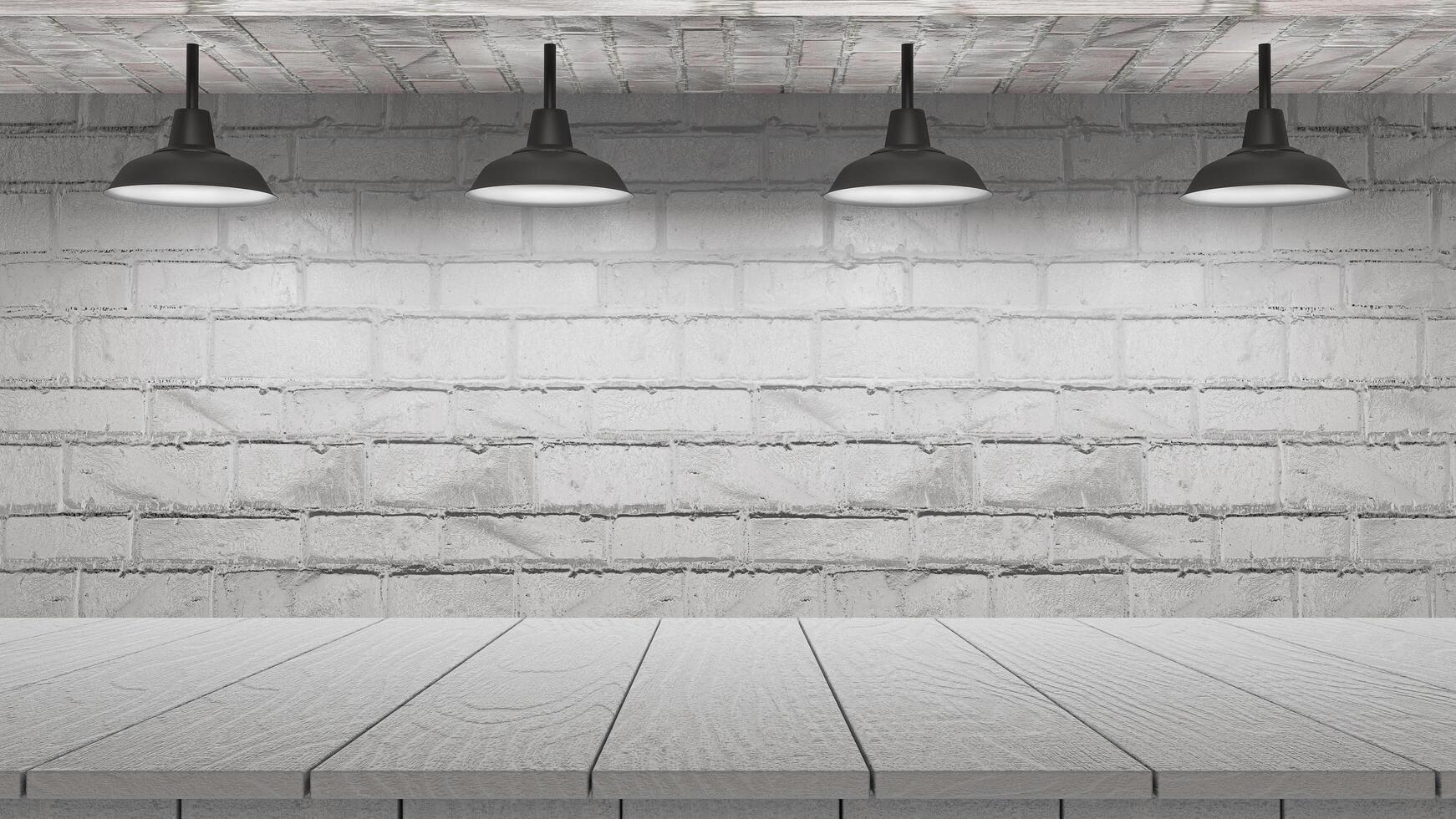 Wood table top on Classic Loft Brick Background with light bulb, design layout for Product presentation. photo